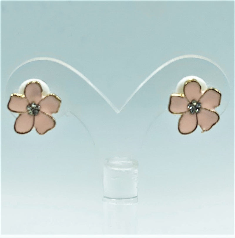 Clip on 1/2" small gold and pink flower earrings w/clear stone center