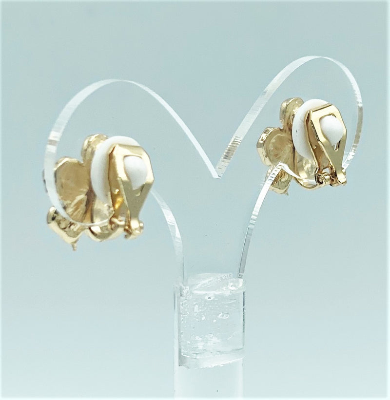 Clip on small gold and white flower earrings w/clear stone center