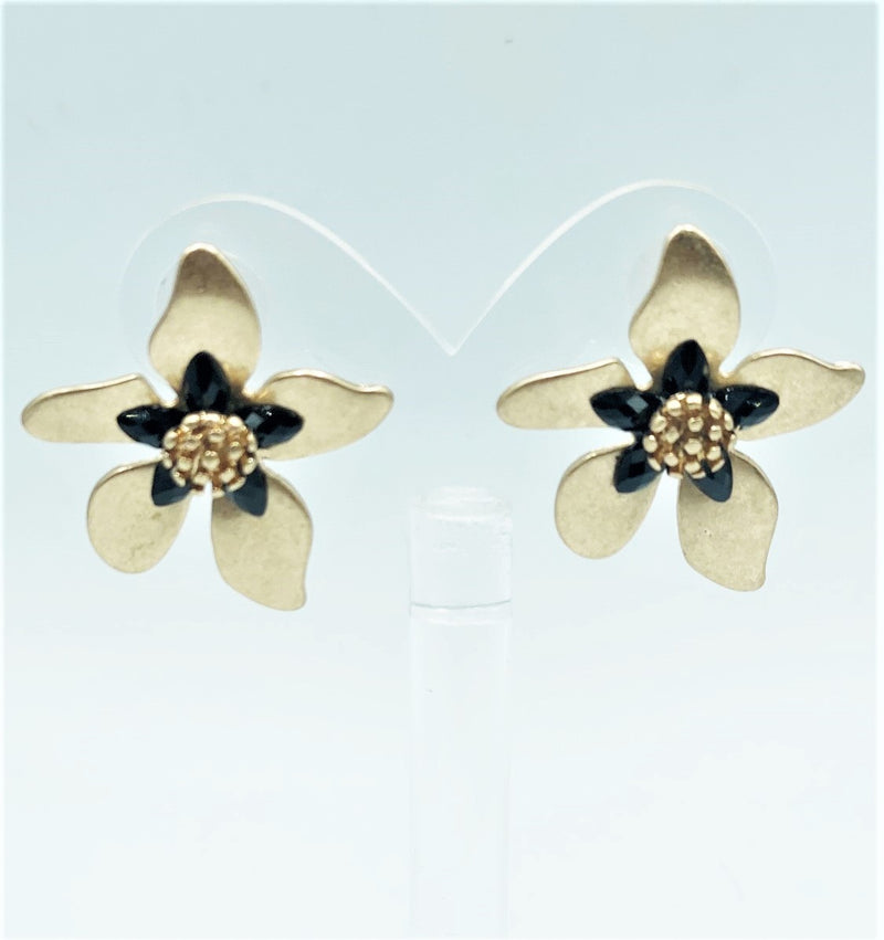 Pierced 1 3/4" matte gold and black stone button style flower earrings