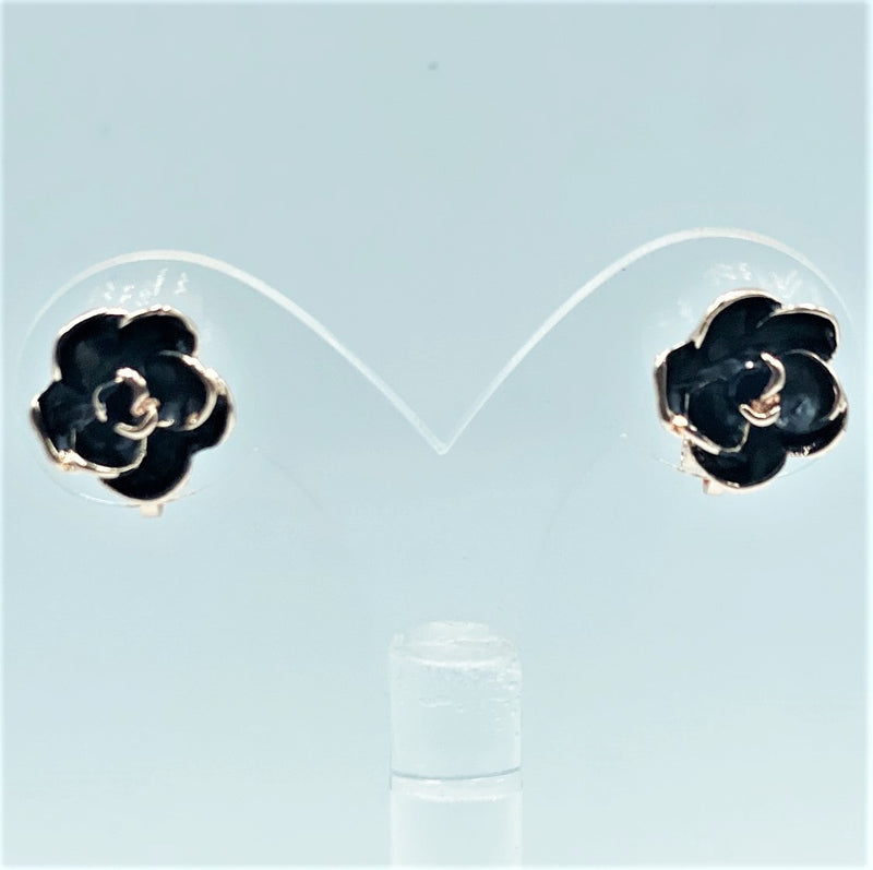 Clip on 1/2" small rose gold and black flower button style earrings