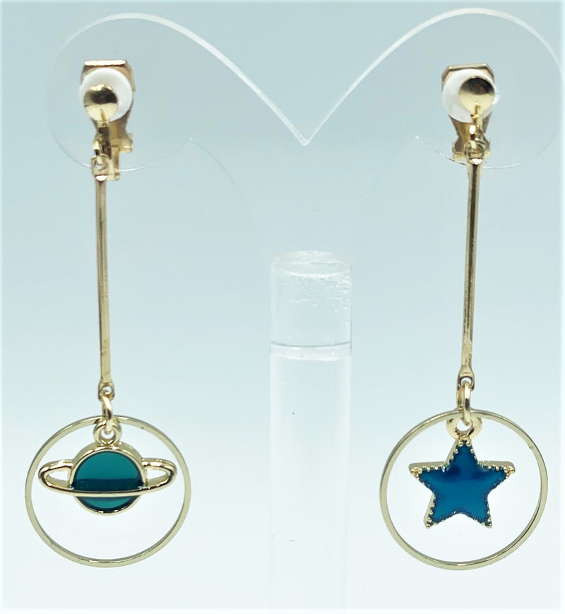Clip on 2 1/2" gold blue and turquoise star and universe dangle earrings