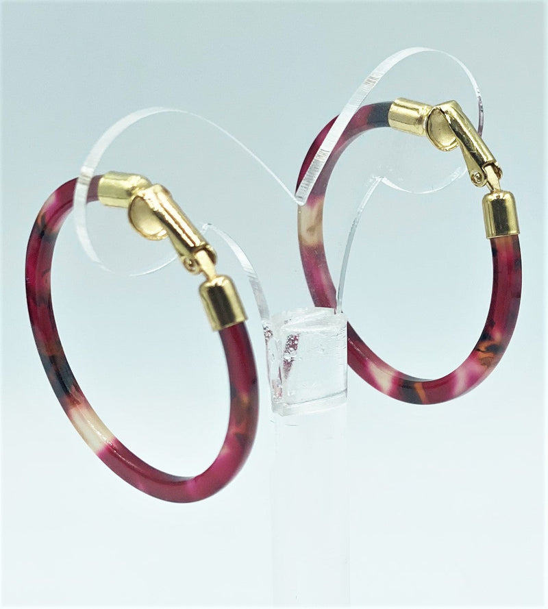 Trendy 1 1/2" clip on gold and red marble print hoop earrings