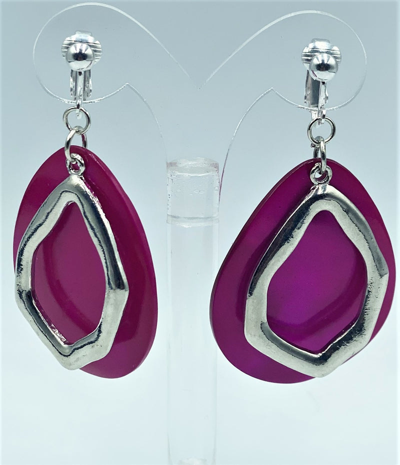 Clip on 2 3/4" large silver and pink shell dangle teardrop earrings