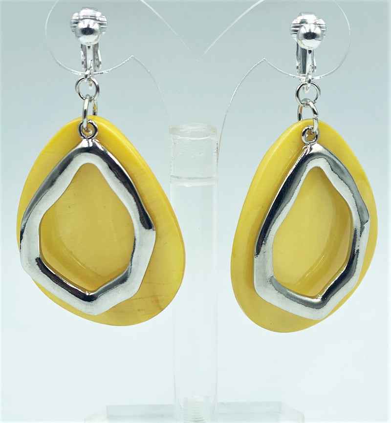 Clip on 2 3/4" large silver and yellow shell dangle teardrop earrings