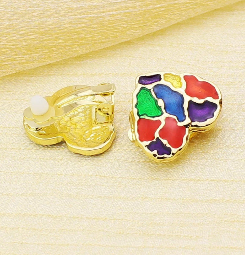 Clip on 1" gold, red, green, blue and purple multi colored heart earrings
