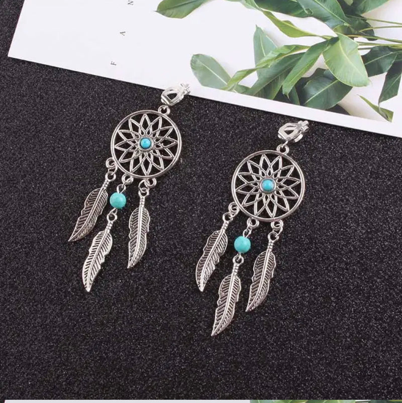 Western clip on or pierced silver circle and turquoise stone feather earrings