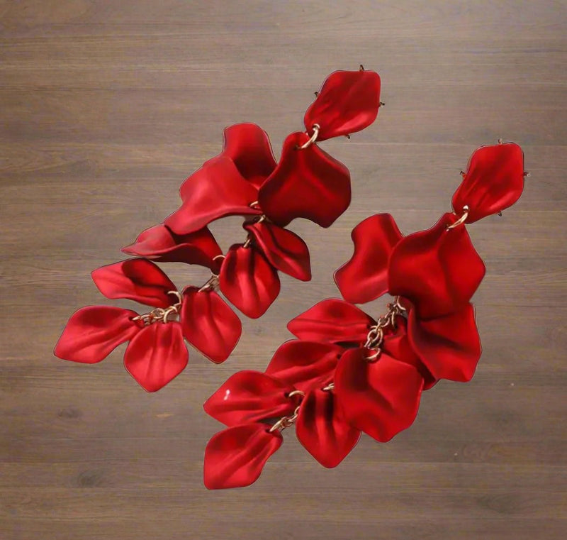 Clip on 5 1/4" Xlong gold chain flower red petal dangle earrings