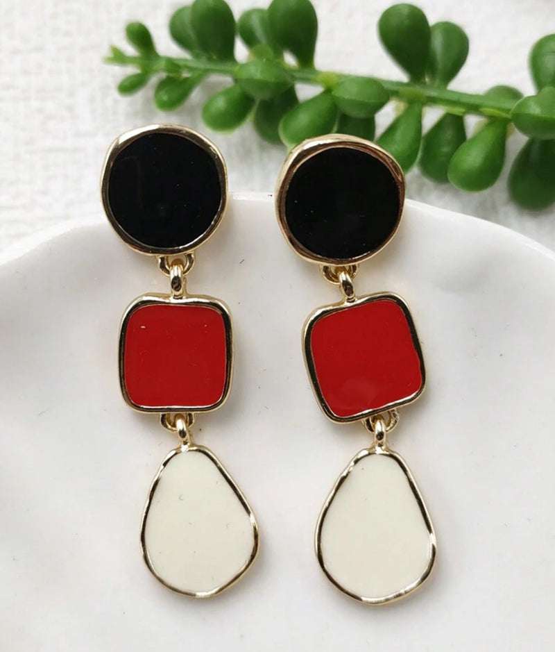 Clip on 2" gold, black, red and white dangle earrings