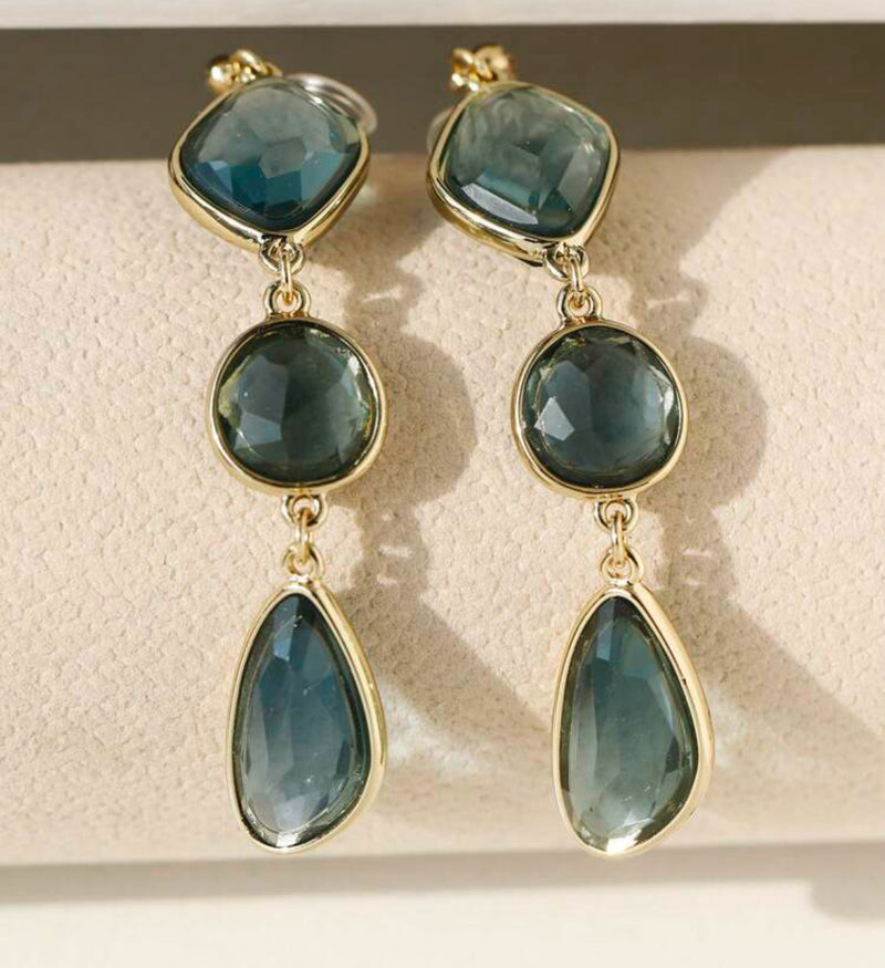 Clip on 3" gold and plastic comfort clasp dangle clear teal bead earrings