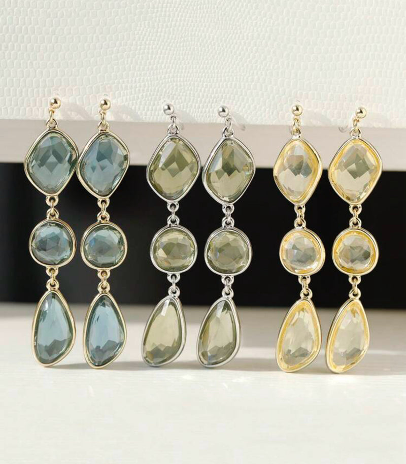 Clip on 3" gold and plastic comfort clasp dangle clear teal bead earrings