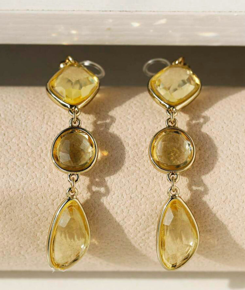 Clip on 3" gold and plastic comfort clasp dangle clear yellow bead earrings