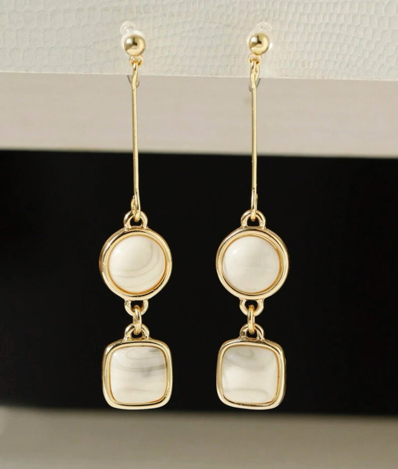 Clip on 2 1/4" comfort fit clasp gold wire and white bead dangle earrings