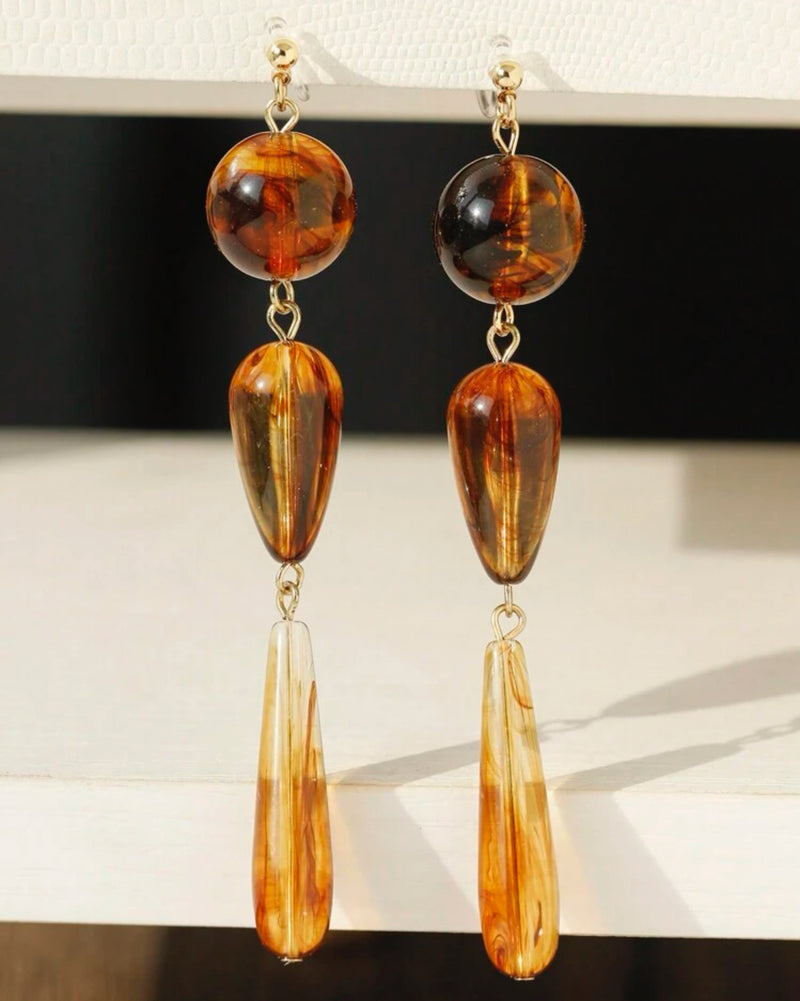 Clip on 3 1/2" long clear comfort clasp gold and brown bead dangle earrings
