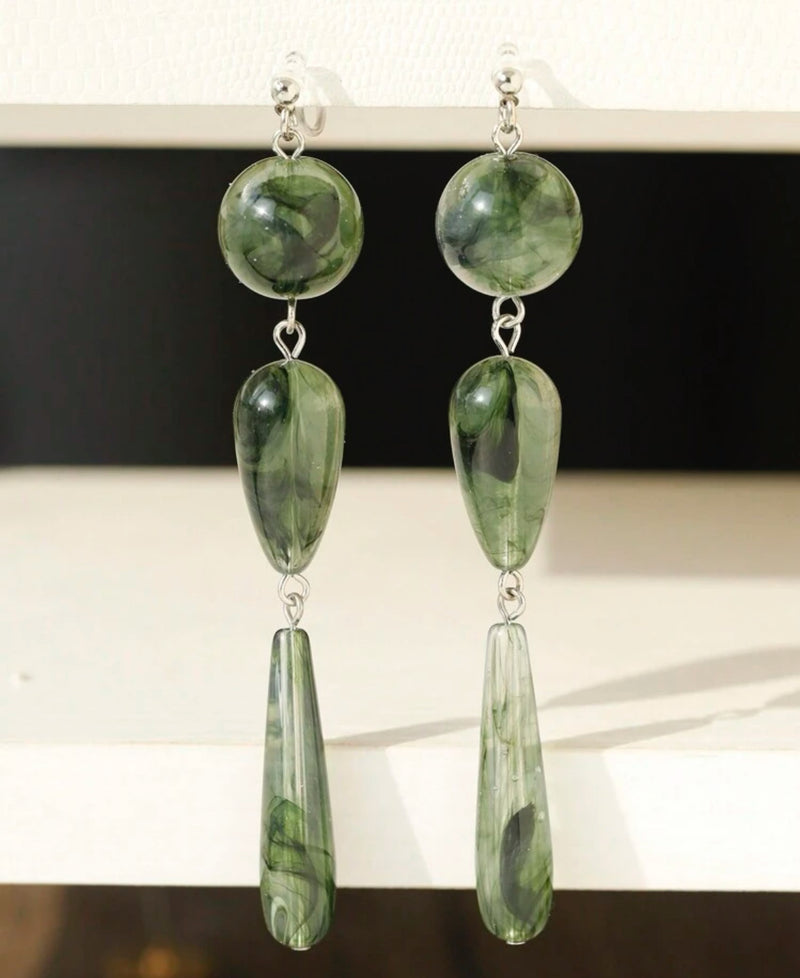 Clip on 3 1/2" long clear comfort clasp silver and green bead dangle earrings