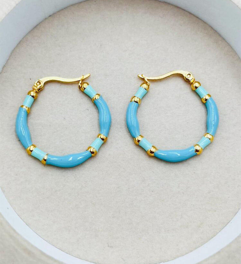 Pierced 1 1/4" gold, blue and turquoise stripe hoop earrings
