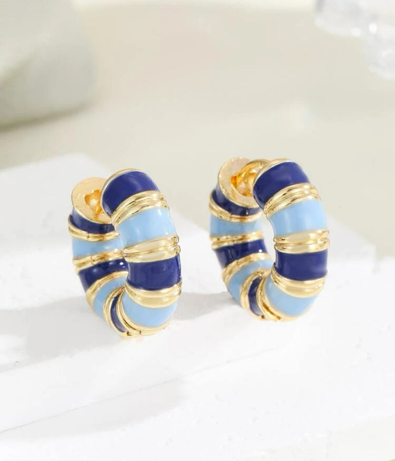Pierced 3/4" gold and blue stripe hoop earrings