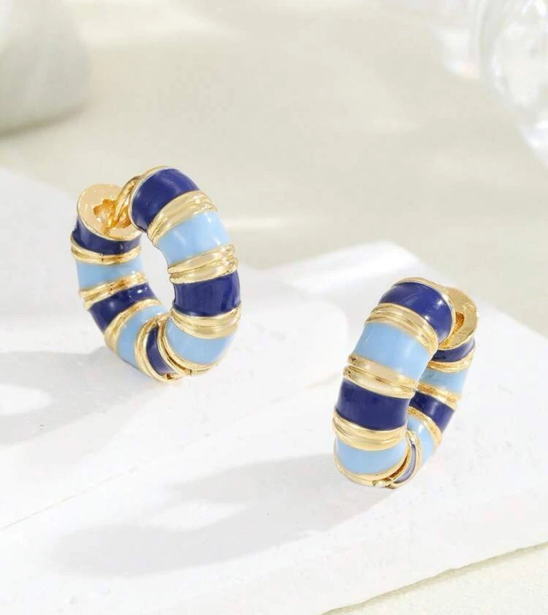 Pierced 3/4" gold and blue stripe hoop earrings