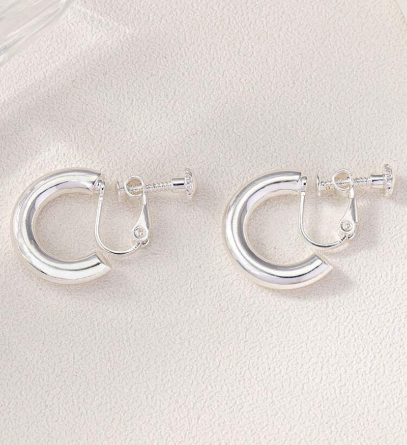 Clip on 3/4" small shiny silver or gold open screw back hoop earrings