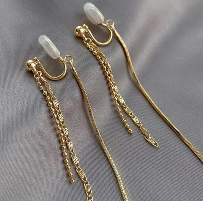 Clip on 3 1/4" gold comfort fit squeeze back dangle chain earrings