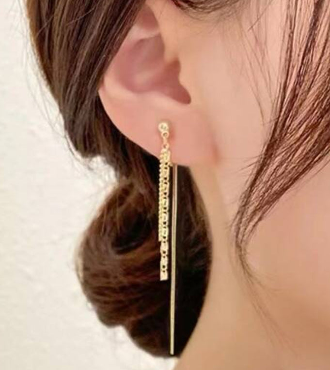 Clip on 3 1/4" gold comfort fit squeeze back dangle chain earrings