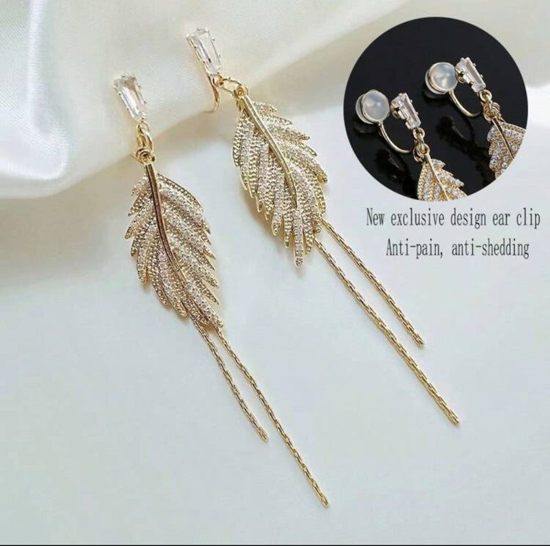 Clip on 3 3/4" long comfort fit gold chain clear stone dangle leaf earrings