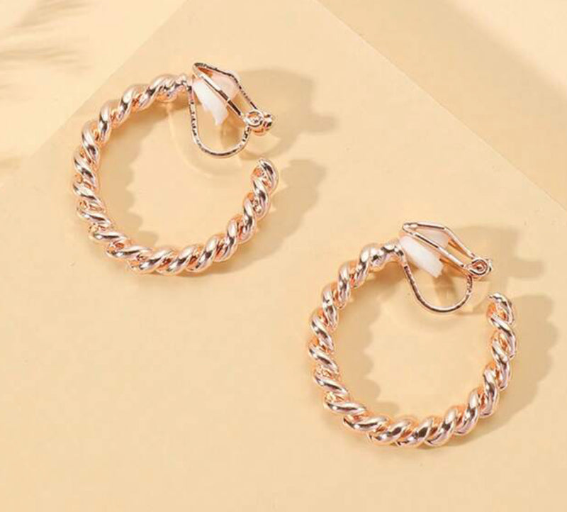 Clip on 1" twisted gold or rose gold open back hoop earrings