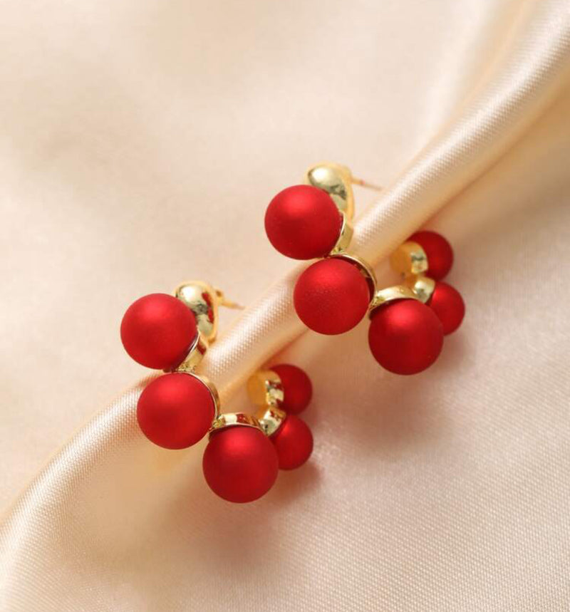 Pierced 1" gold and matte red bead hoop earrings