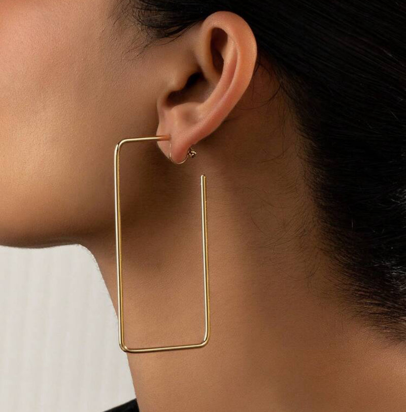 Clip on 3" long gold wide long square earrings