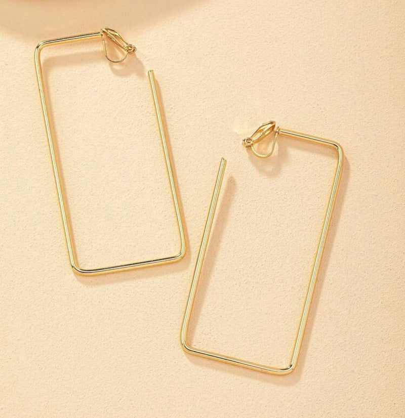 Clip on 3" long gold wide long square earrings