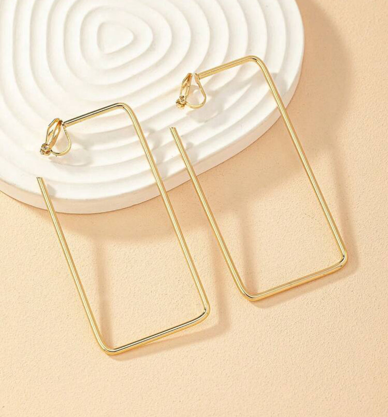 Clip on 3" long gold wide long square earrings