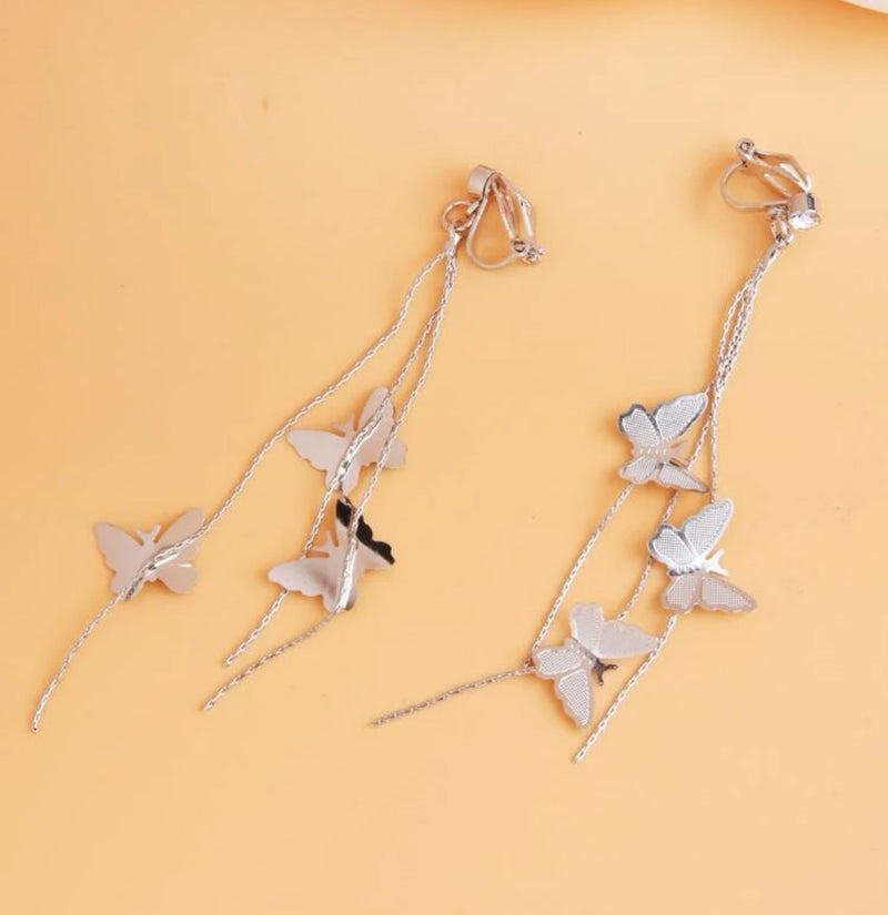 Clip on 3 1/2" silver chain dangle butterfly earrings