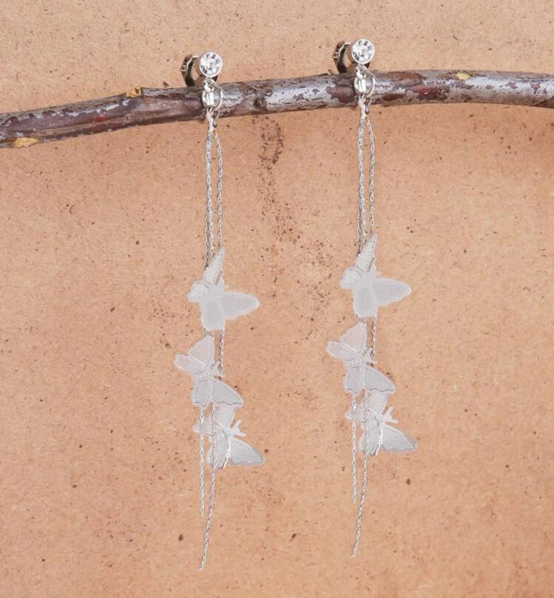 Clip on 3 1/2" silver chain dangle butterfly earrings