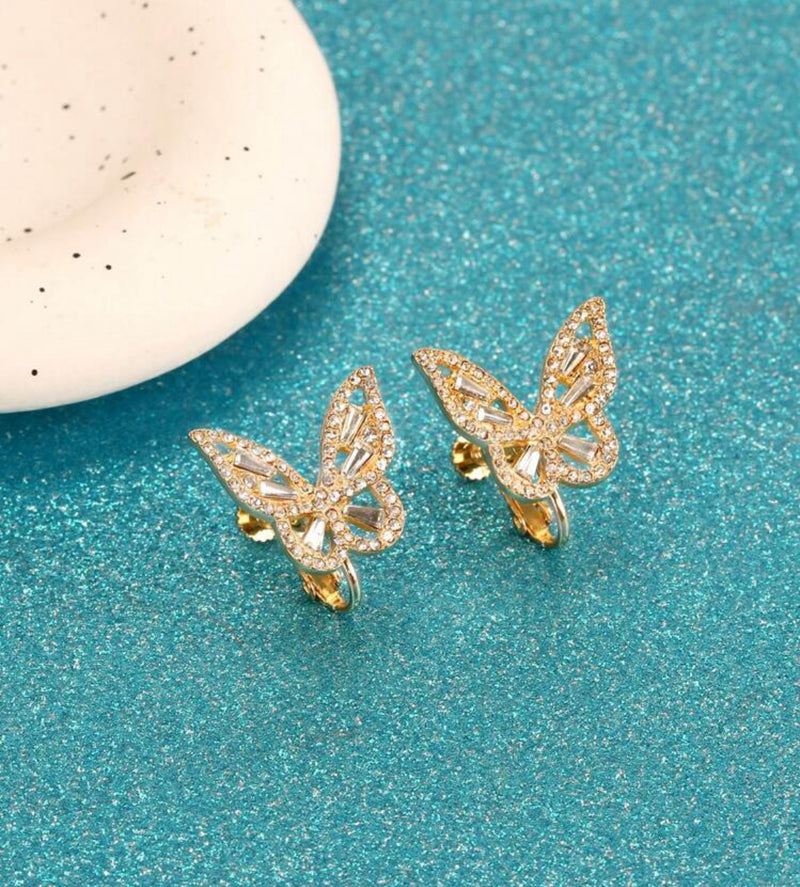 Clip on 3/4" gold and clear stone butterfly screw back earrings