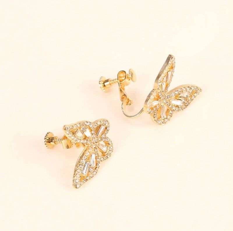Clip on 3/4" gold and clear stone butterfly screw back earrings
