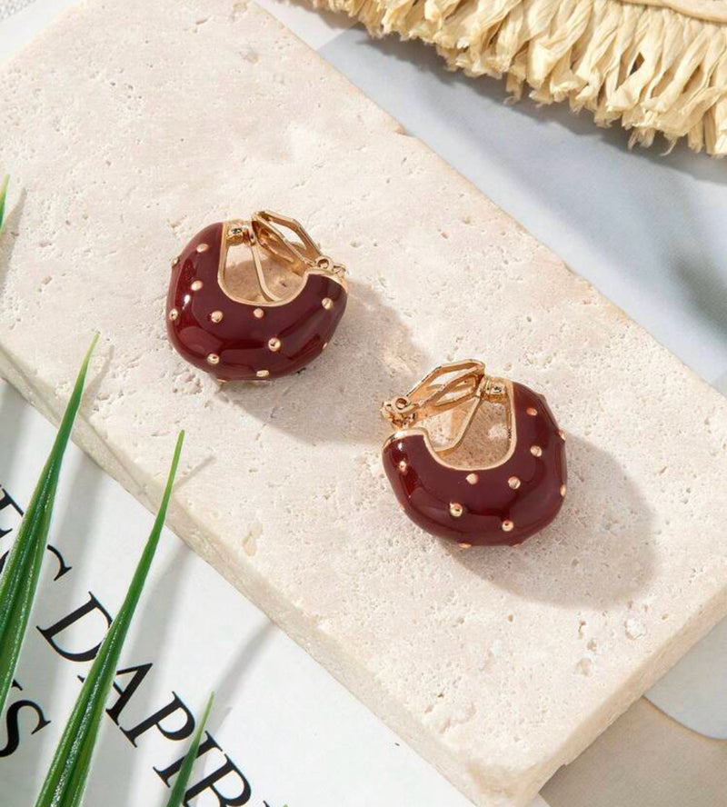 Clip on 3/4" gold and burgundy dot U shape earrings