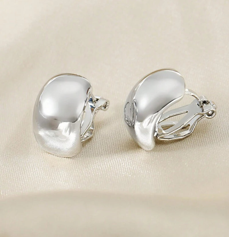 Clip on 1/2" small shiny silver scoop style earrings