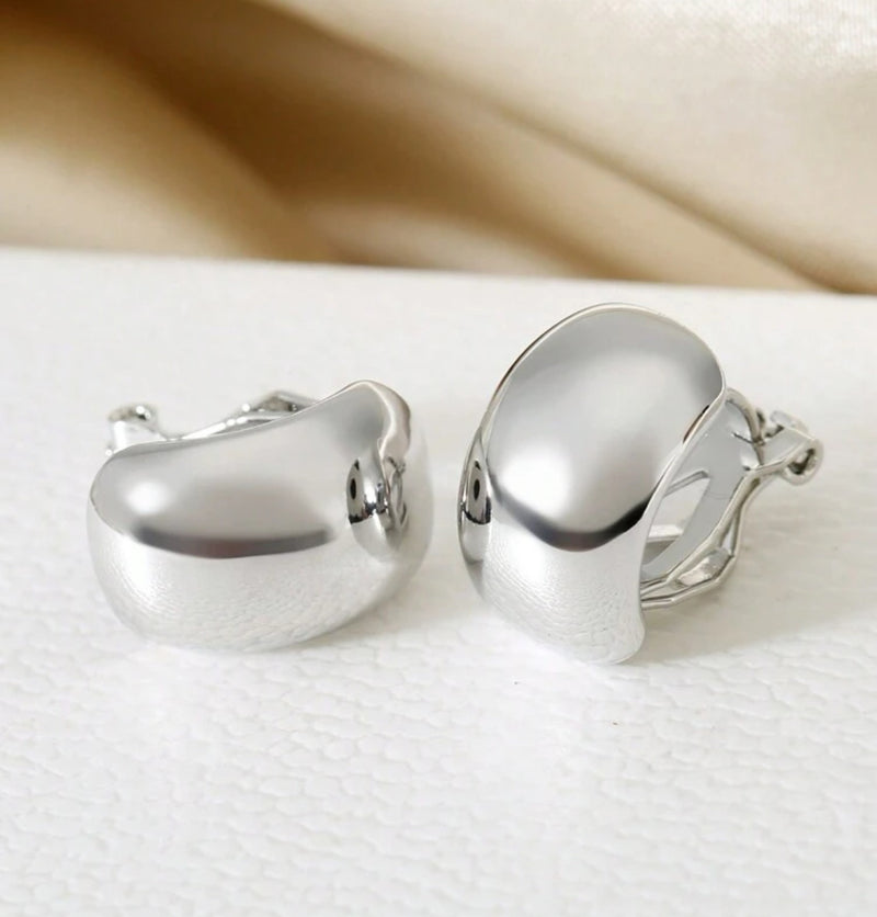 Clip on 1/2" small shiny silver scoop style earrings