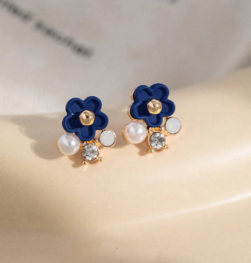Clip on 1/2" small rose, blue flower, white pearl and clear stone earrings