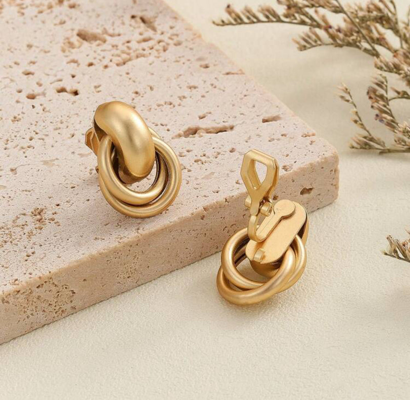 Clip on 3/4" small matte gold button style knot earrings