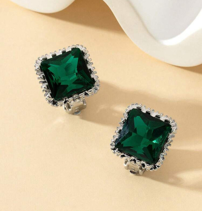 Clip on 1/2" silver and green stone square button style earrings