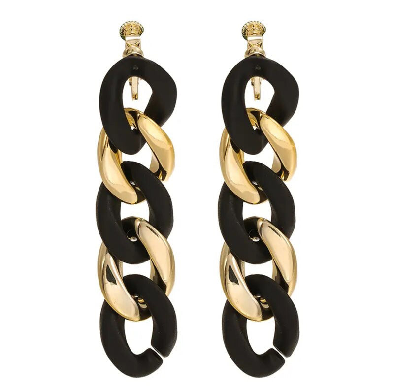 Clip on 2 1/2" vintage gold and black chain link earrings