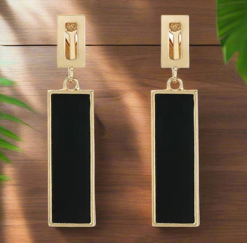 Clip on 2" gold and black long square stone earrings with cutout top