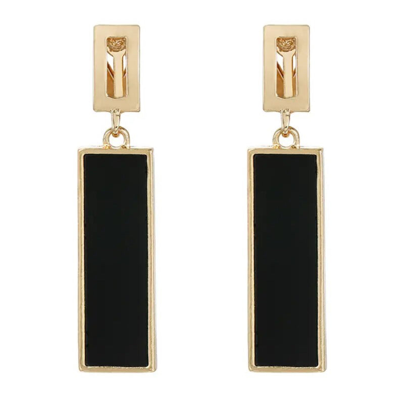 Clip on 2" gold and black long square stone earrings with cutout top
