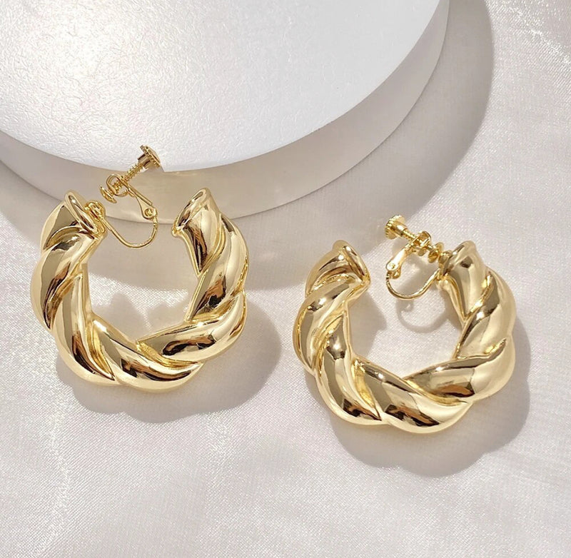 Clip on 1 3/4" shiny gold wide twisted open back hoop earrings