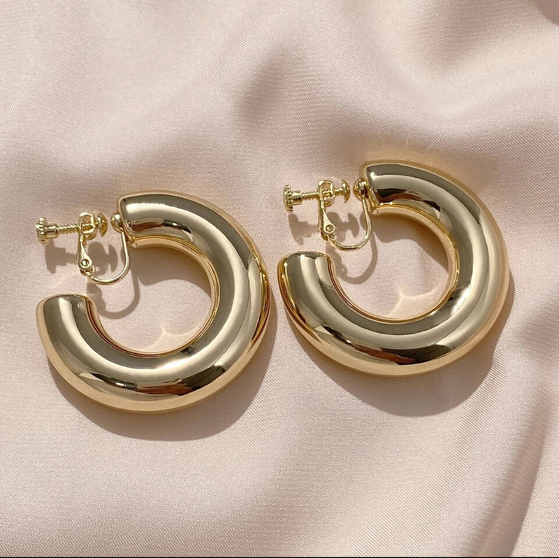 Clip on 1 3/4" shiny gold large barrel open back hoop earrings