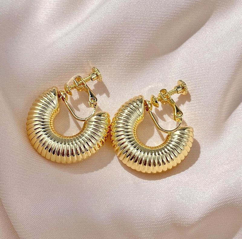 Clip on 1" gold or silver wide barrel indented open back hoop earrings