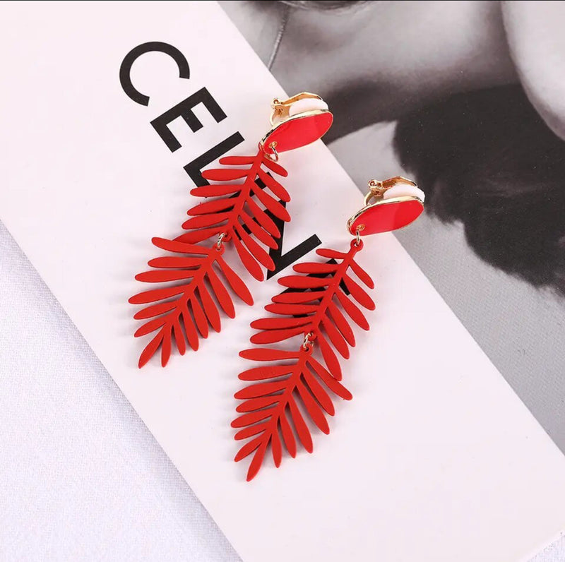 Clip on 3" gold and red dangle pointed leaf earrings