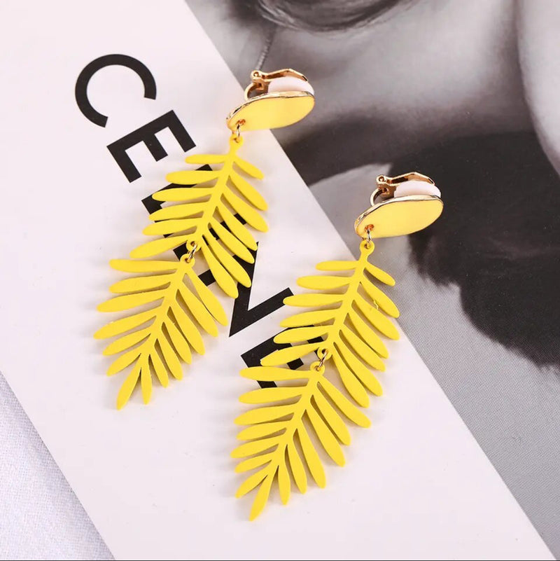 Copy of Clip on 3" gold and yellow dangle pointed leaf earrings