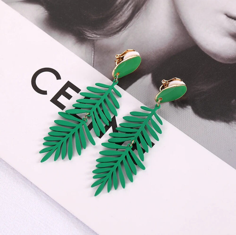 Clip on 3" gold and green dangle pointed leaf earrings
