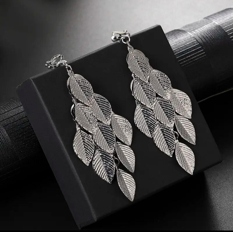 Clip on silver 4" long textured indented line layered leaf earrings